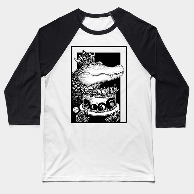 Alligator & Crystal Cake - Black Outlined Version Baseball T-Shirt by Nat Ewert Art
